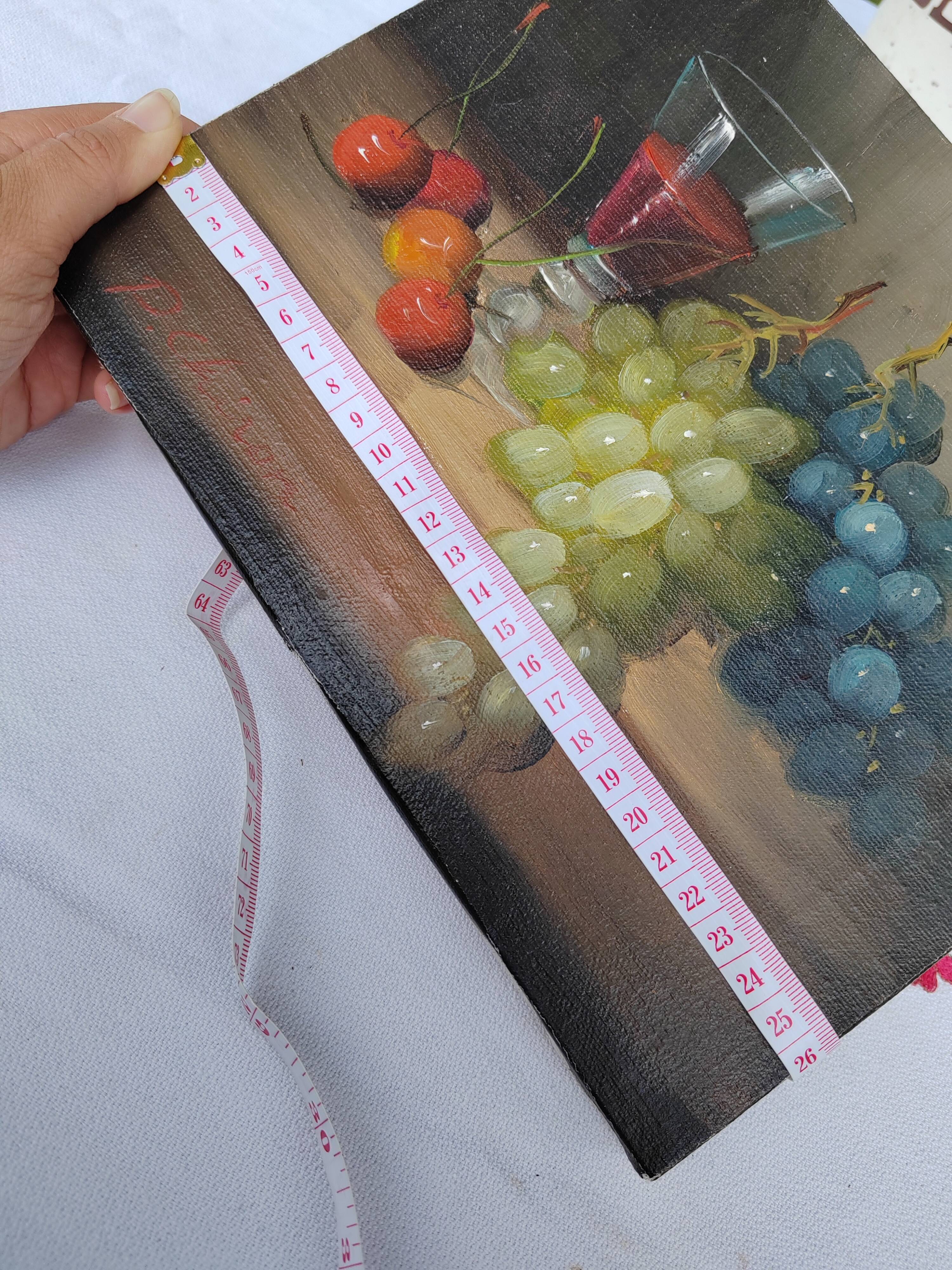 Small painting signed still life "Grapes and wine"