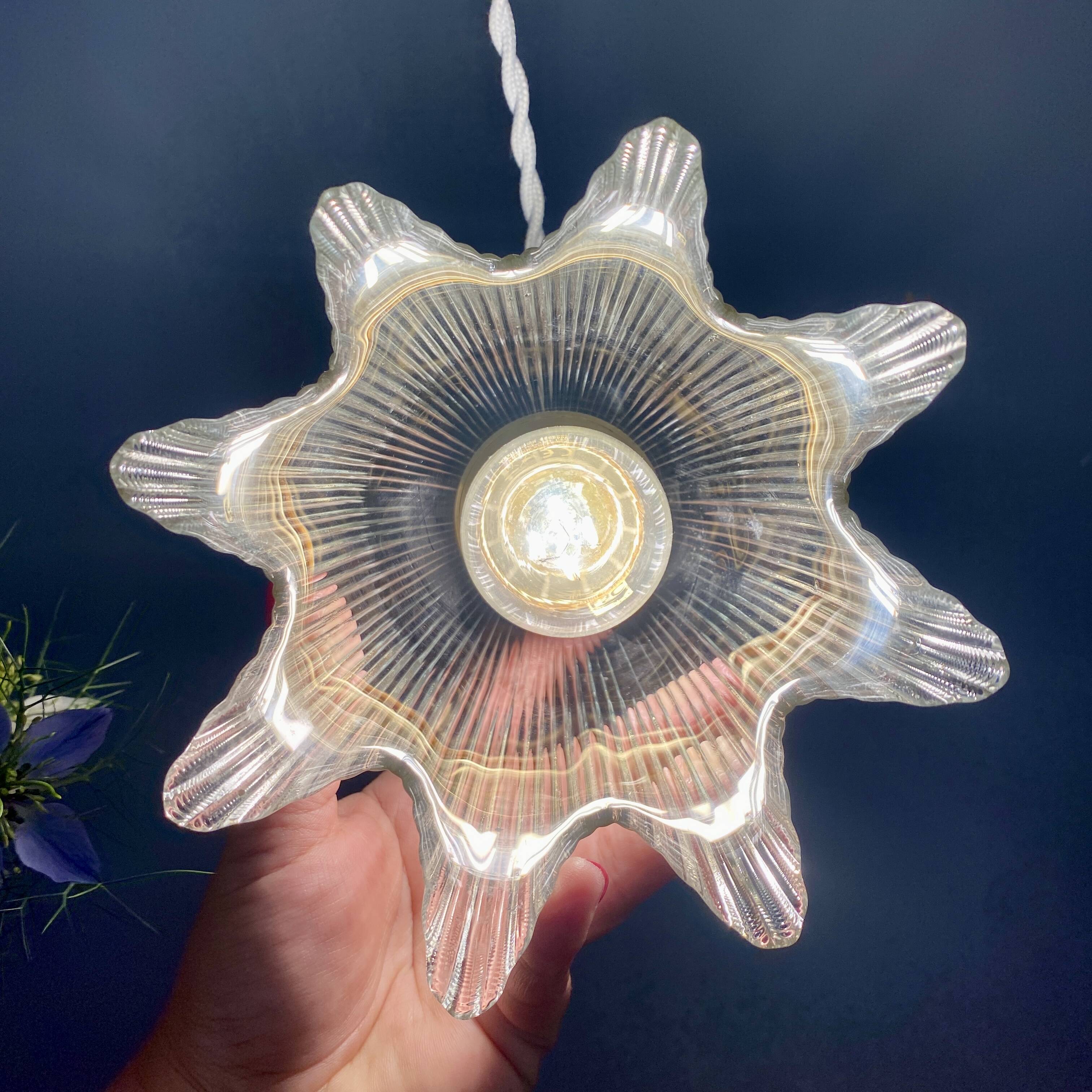 Vintage tulip flower pendant light in ribbed glass