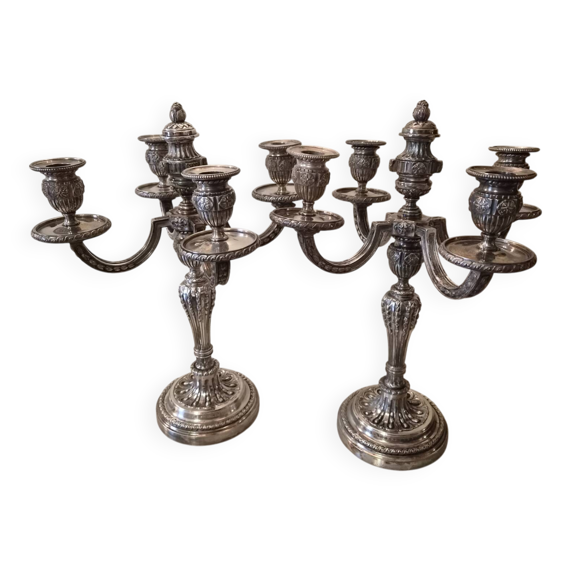 Pair of four-light candelabra in silver-plated metal in Louis style.