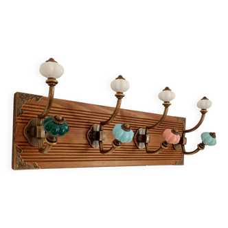 Wall-mounted coat rack with 8 hooks – vintage style – stained wood & metal