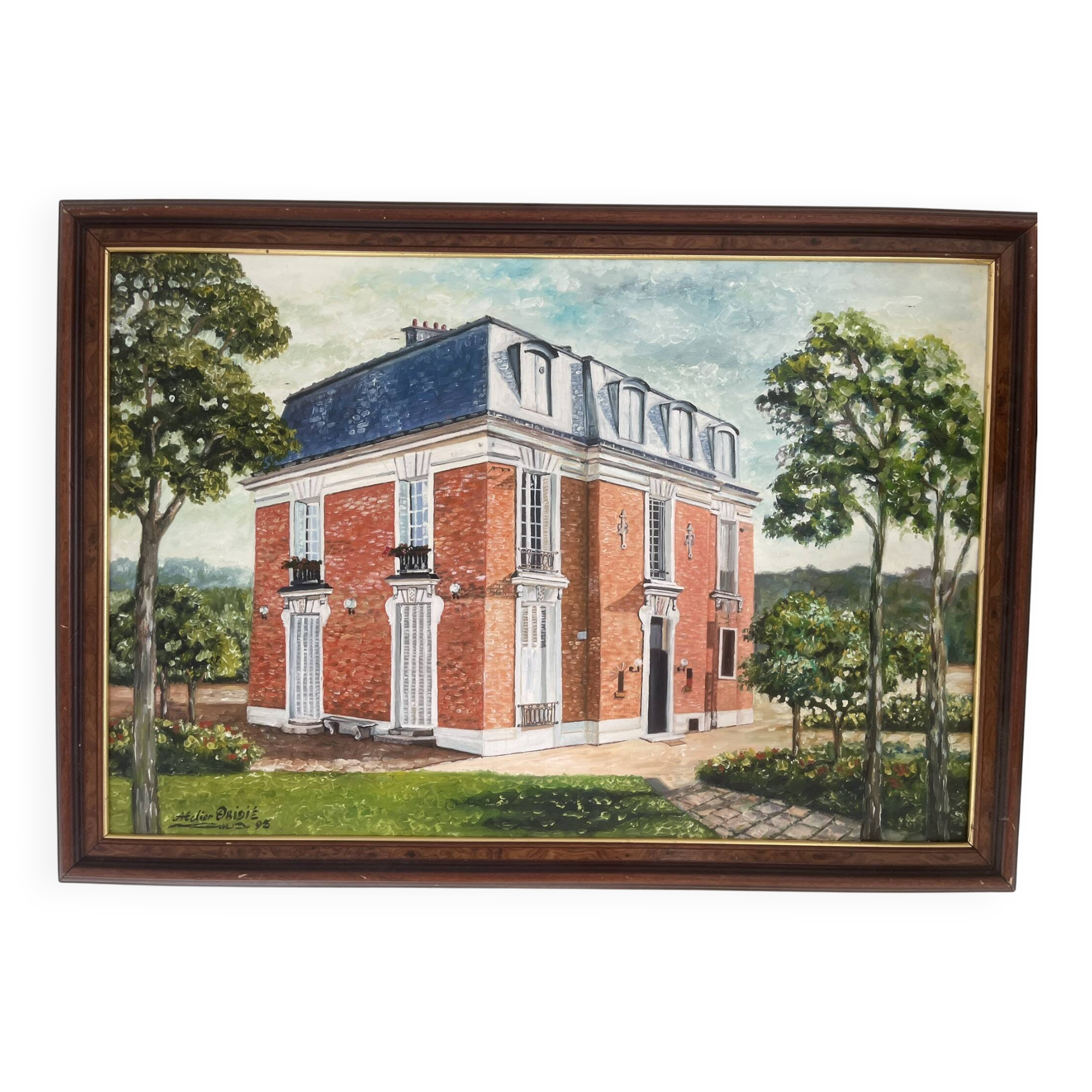 Old Oil Painting Canvas Manor Castle Holiday Home 87x62cm