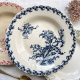 10 mismatched vintage soup plates in blue, green, and red ironstone