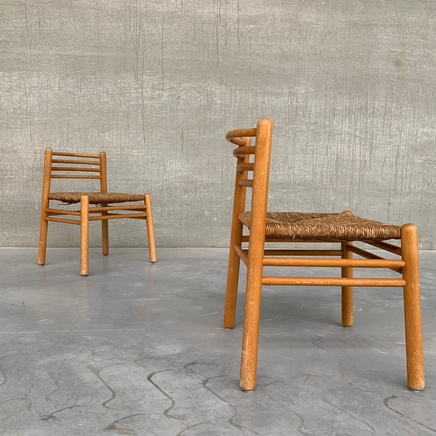 Pair of Pine and Rush Mid-Century Dutch Chairs