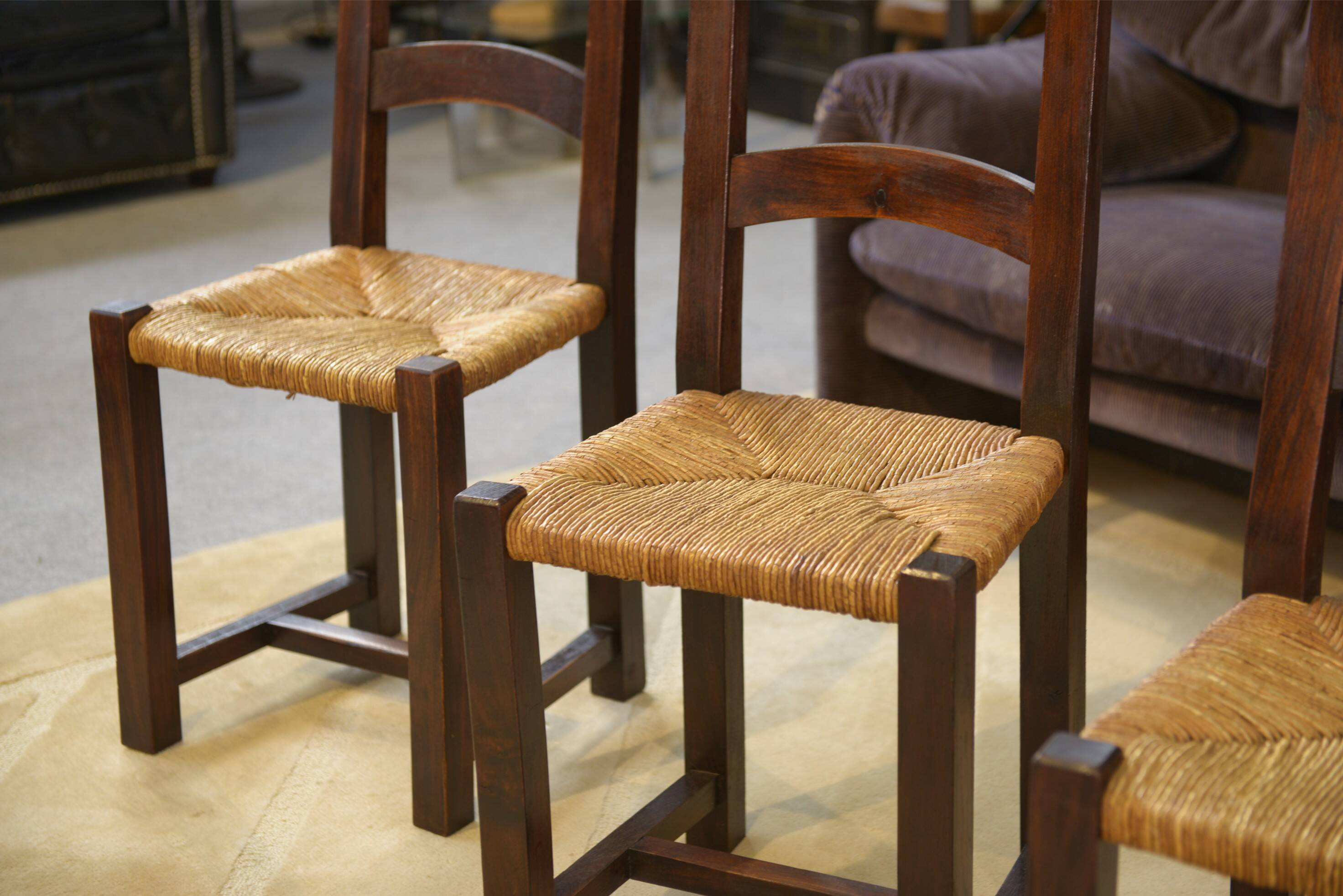 Set of 4 chairs in elm and straw by Aranjou 1950s