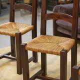 Set of 4 chairs in elm and straw by Aranjou 1950s