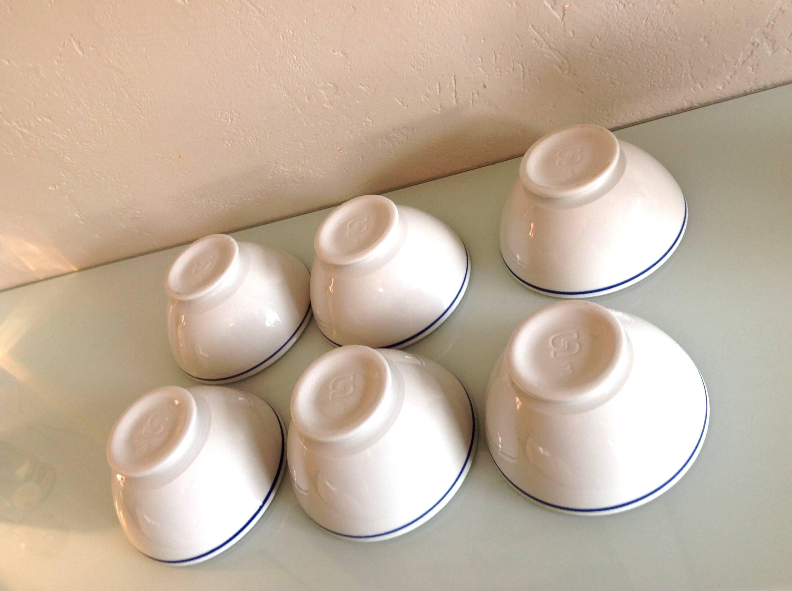 Set of six white bowls with blue edging from the Sarreguemines faience factories / vintage 70s