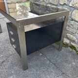 Vintage desk in smoked glass and brushed steel. 1970. Suspended box