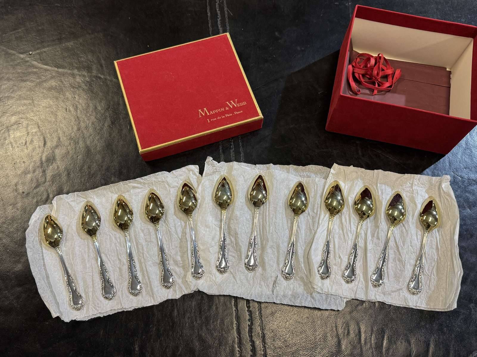 Mappin and Webb box of 12 silver-plated grapefruit spoons