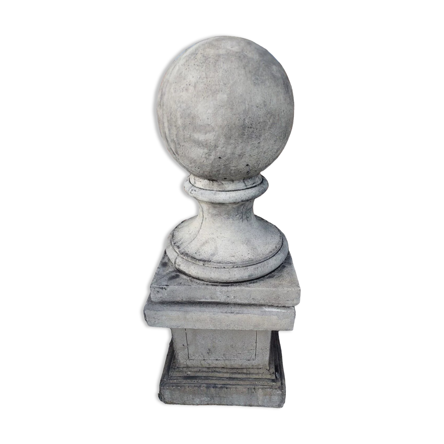 Ball on base in gray patinated reconstituted stone