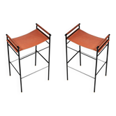 Classic Contemporary Bar Stool Pair Natural Tobacco Leather and Black Rubber