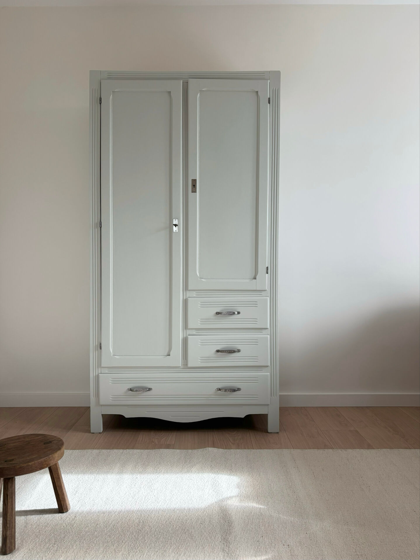 Art Deco wardrobe with shelves and drawers, renovated wood.
