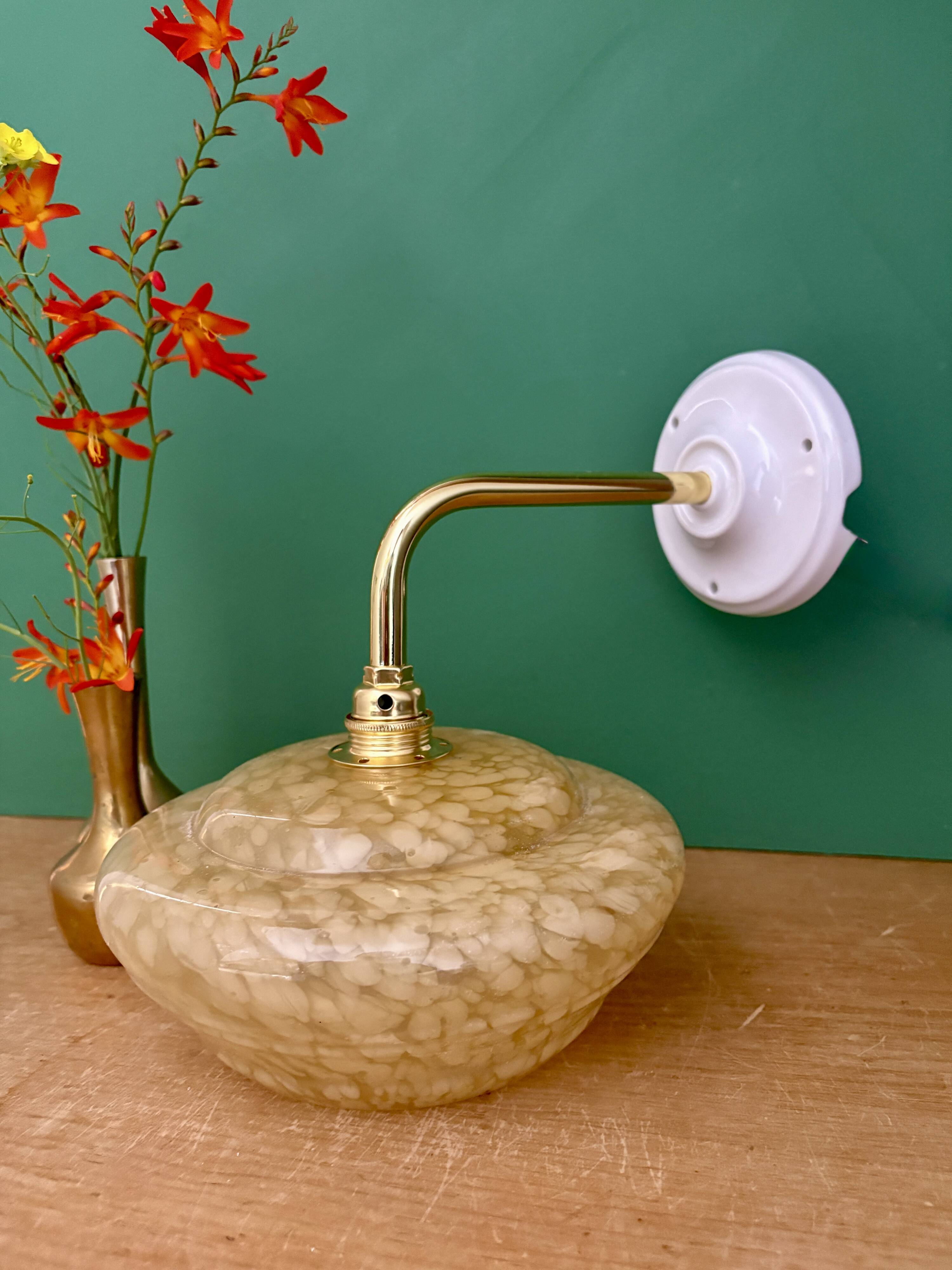 Vintage angled wall lamp with yellow clichy glass shade