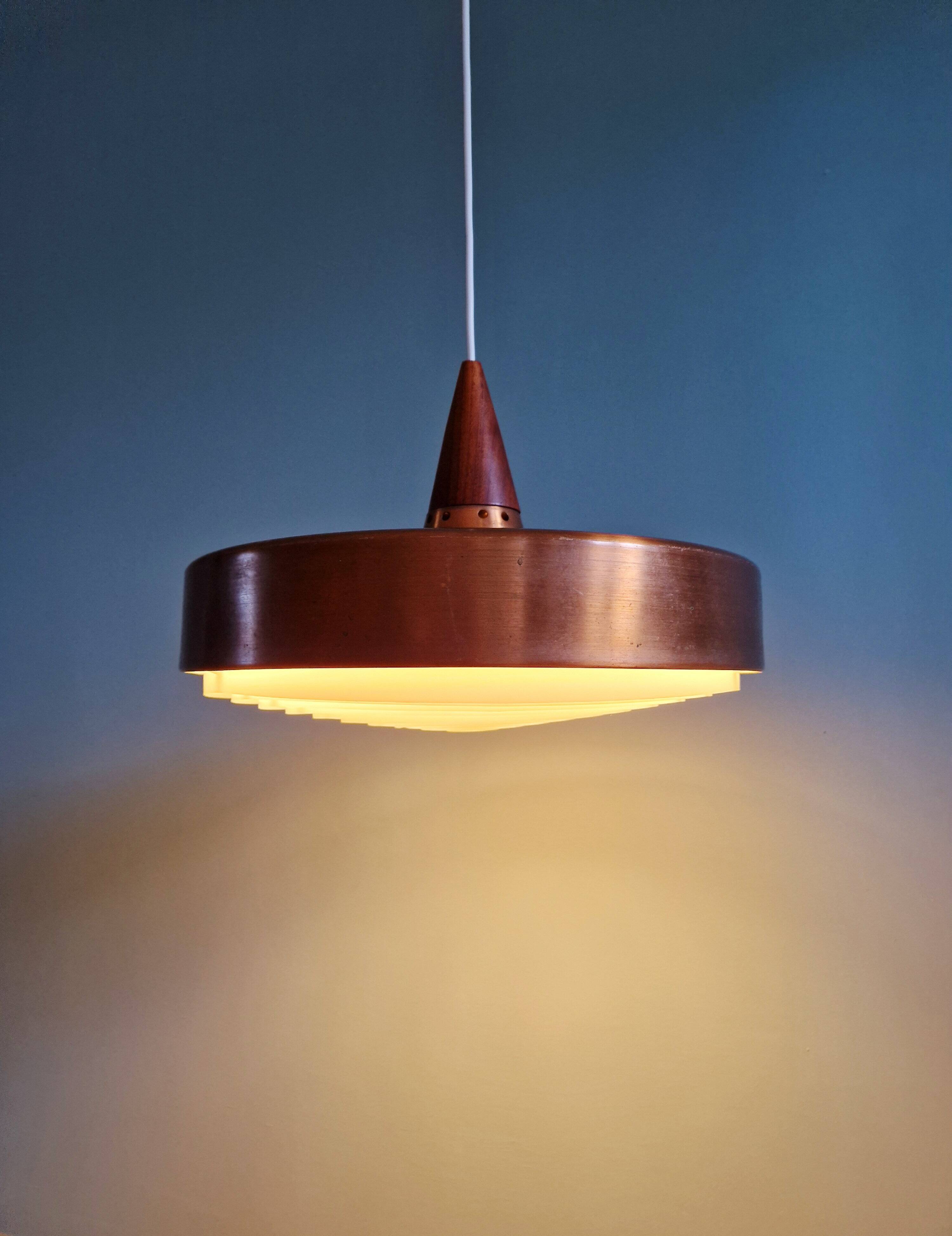 Scandinavian pendant light in copper and teak, 1960s