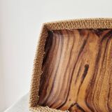 80s wooden and rattan tray - Vintage