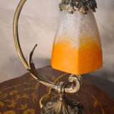 Old art nouveau bronze lamp and pretty hexagonal tulip 37x22