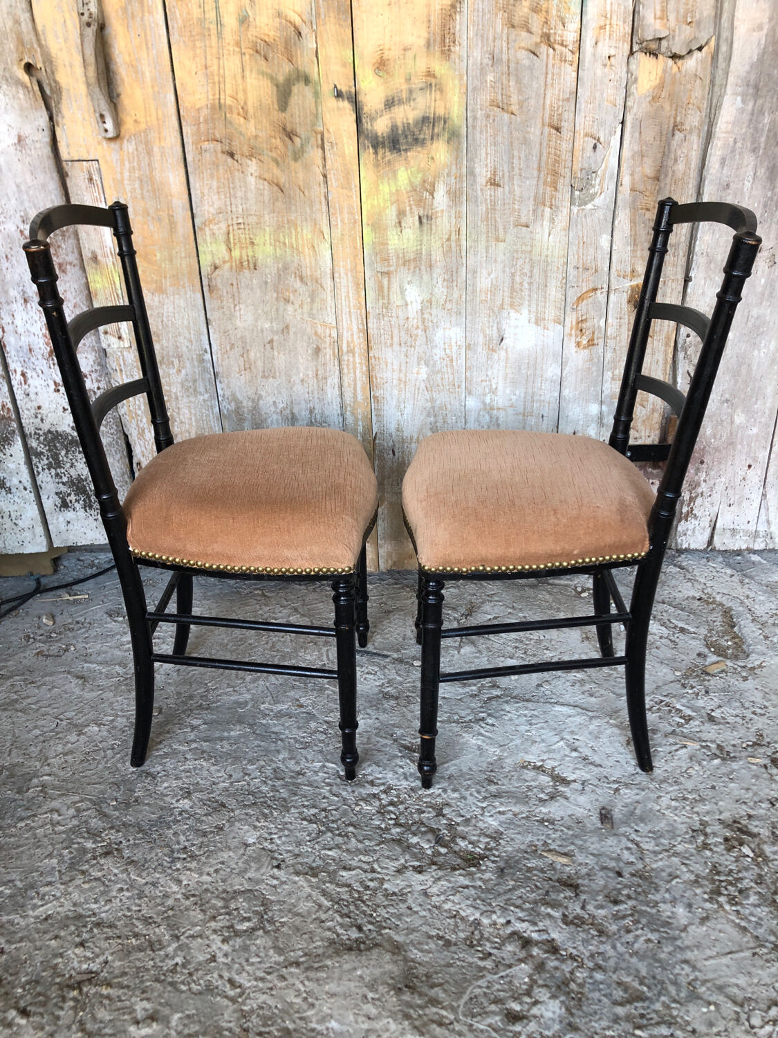 Pair of chairs napoleon 3 black wood & seat velour pink vintage #a196