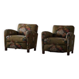 Modern Danish pair of curved lounge chairs, original fabric, Fritz Hansen, 1940.