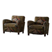 Modern Danish pair of curved lounge chairs, original fabric, Fritz Hansen, 1940.