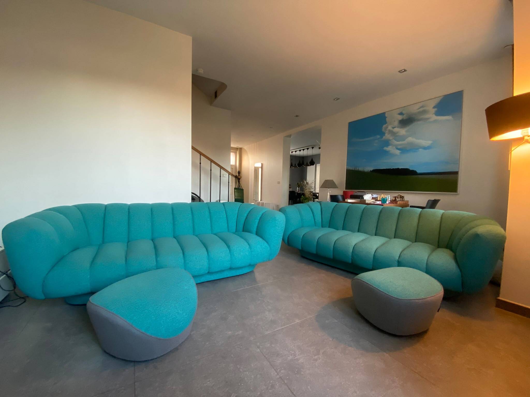 Set of 2 sofas and 2 poufs by Roche Bobois.