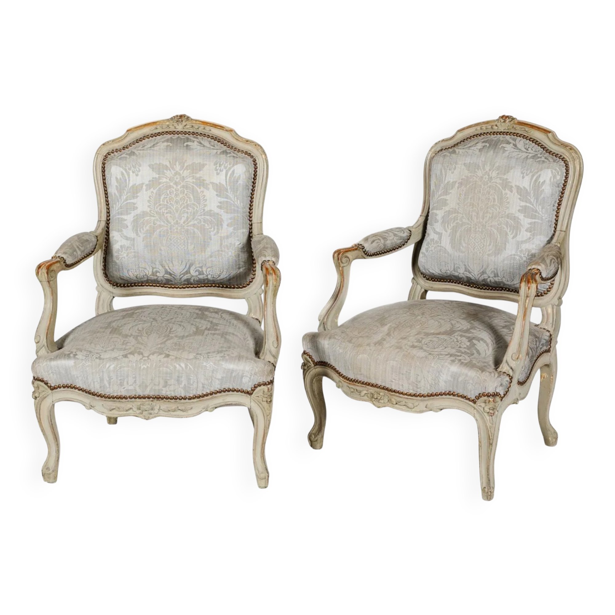 Pair of Louis XV style armchairs in grey lacquered wood.
