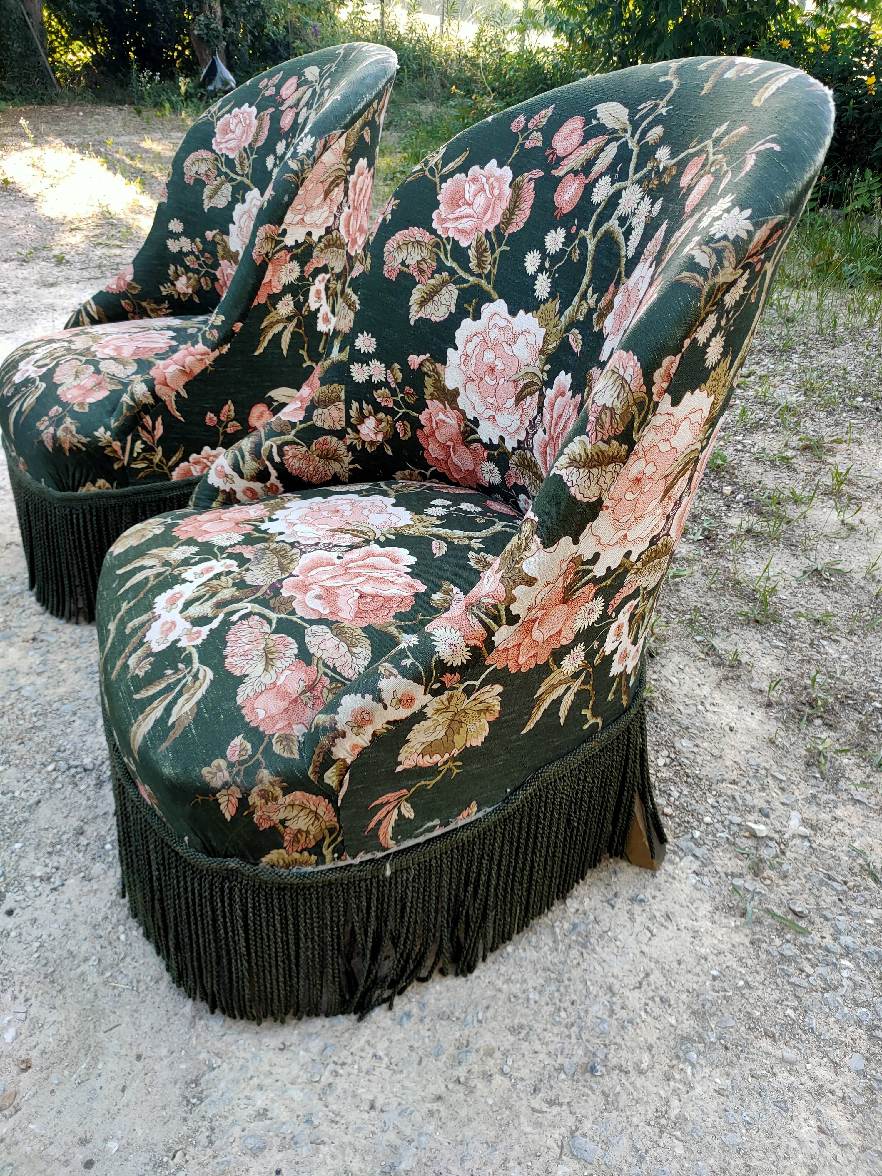 Two toad armchairs, floral motifs