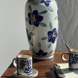 Vase white background stylized blue, yellow and green flowers H24.5 D12