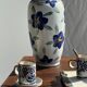 Vase white background stylized blue, yellow and green flowers H24.5 D12