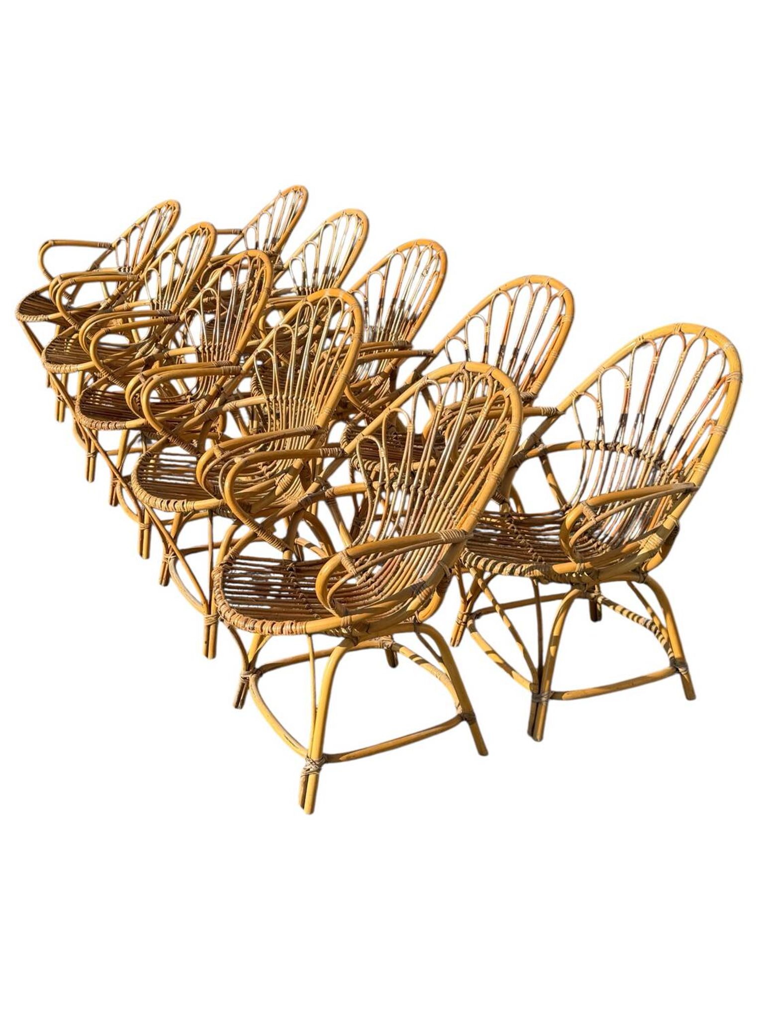 Set of 10 rattan armchairs from the 1960s, France.