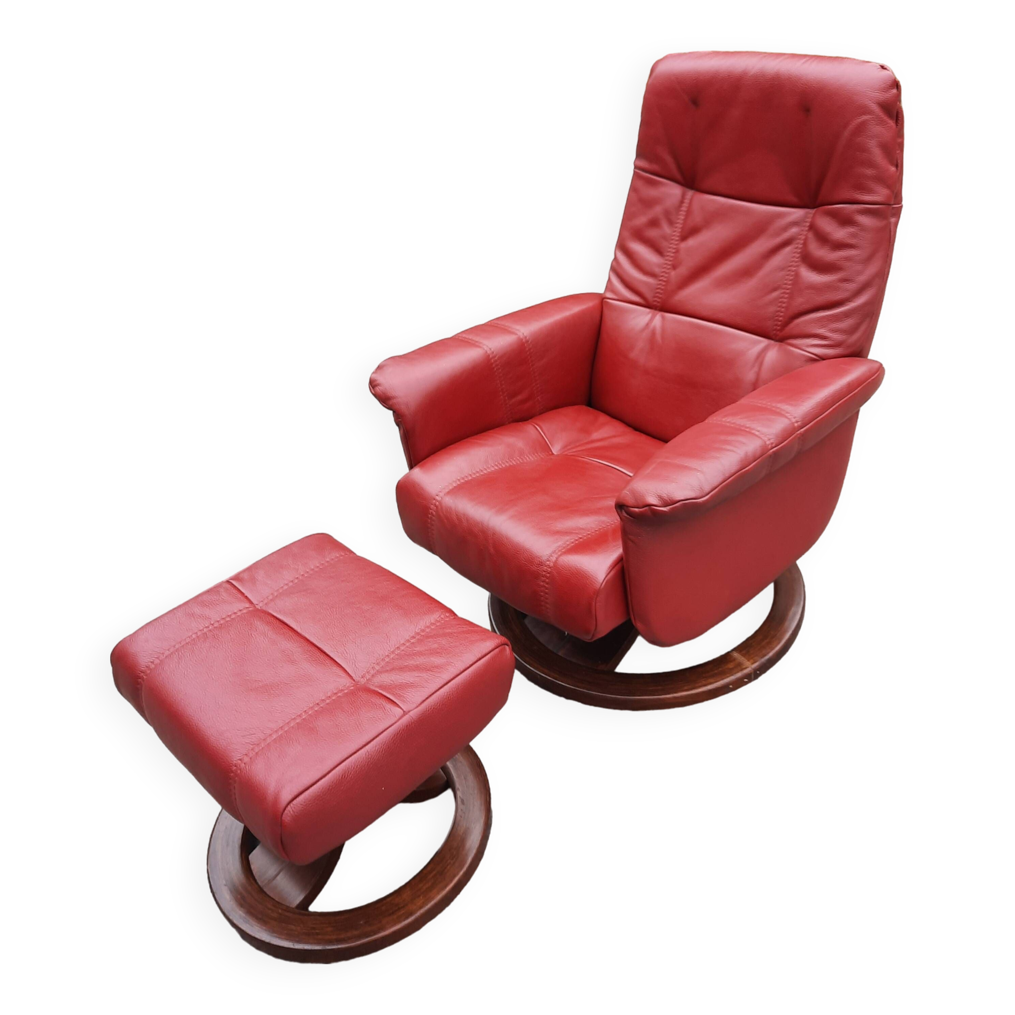 Red leather relax armchair and pouf