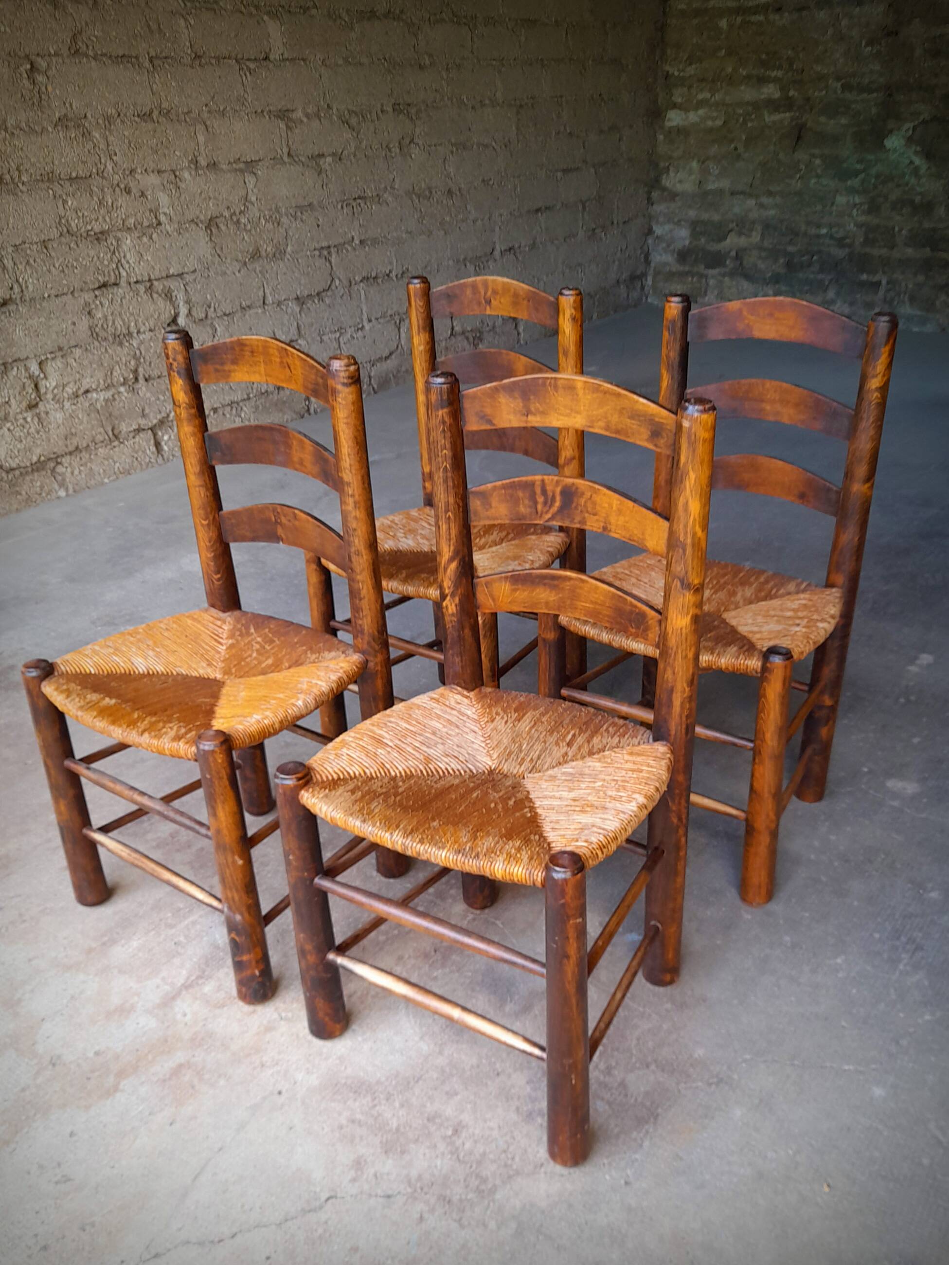 Set of 4 straw-covered brutalist chairs by George Robert
