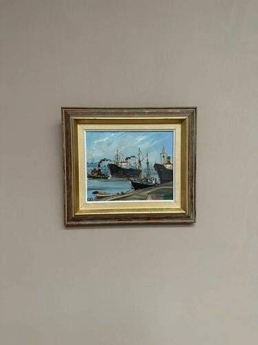 Oil on Canvas “Ships” by Josef Lang, Signed, Vintage & Framed 40×34cm