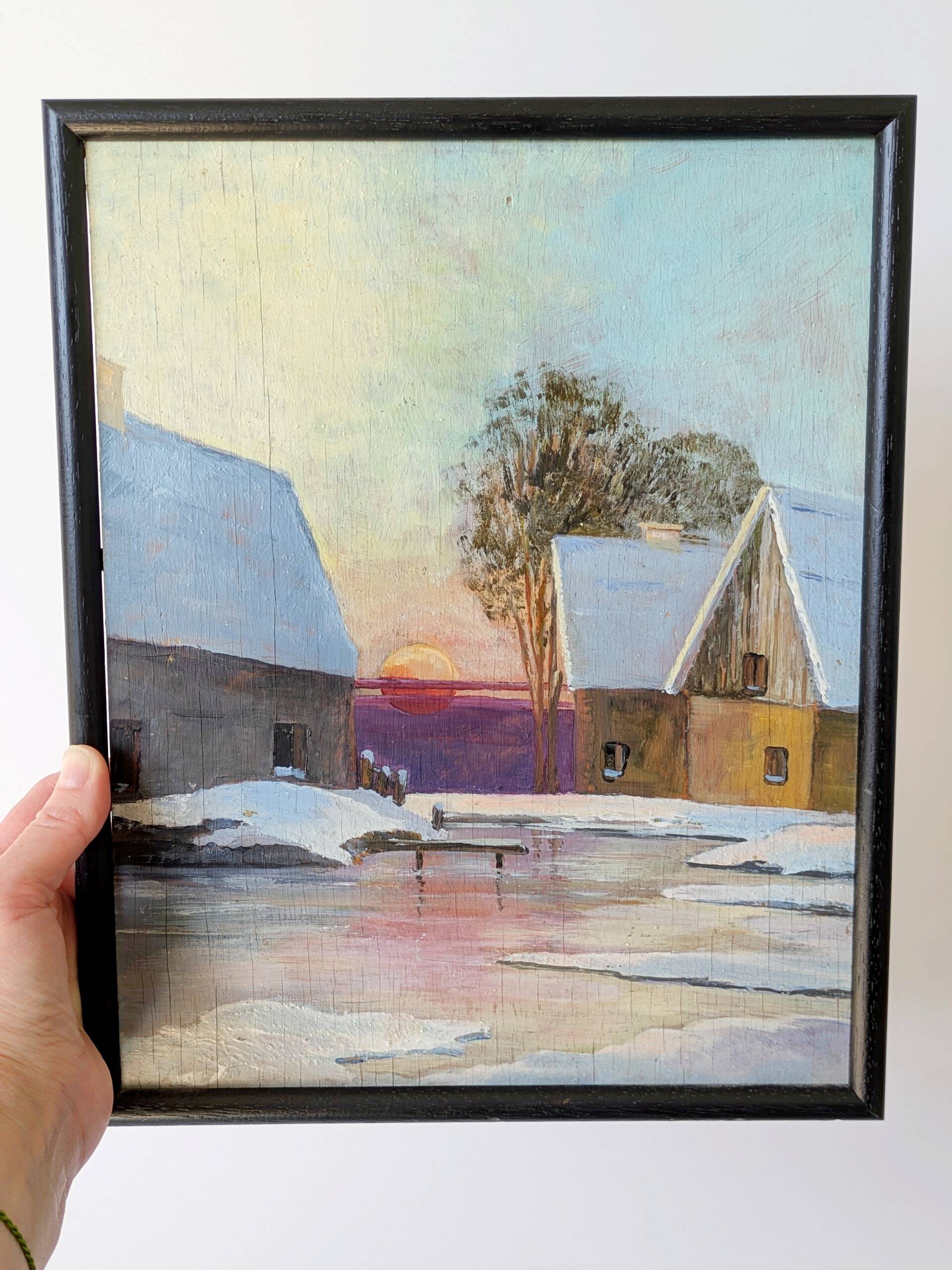 Vintage oil painting, rural winter landscape, 1960s