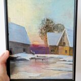 Vintage oil painting, rural winter landscape, 1960s