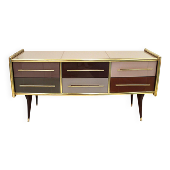 Mid-Century Modern Style Solid Wood and Colored Glass Italian Sideboard