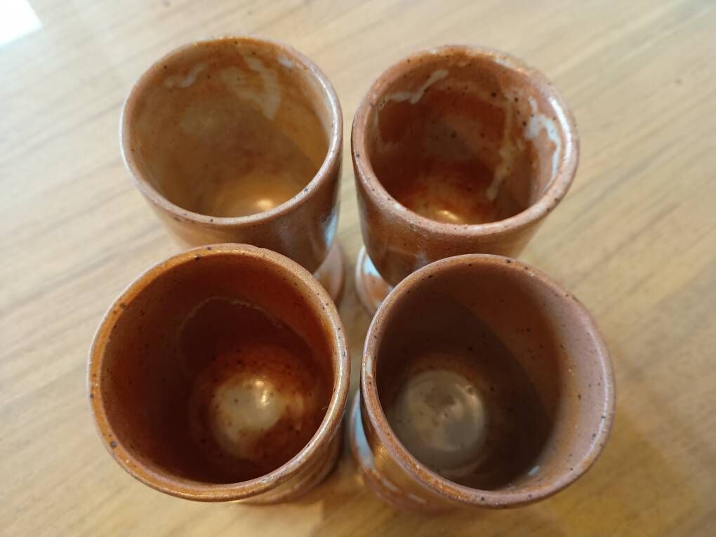 Set of 4 beige stoneware mazagran cups made in France vintage