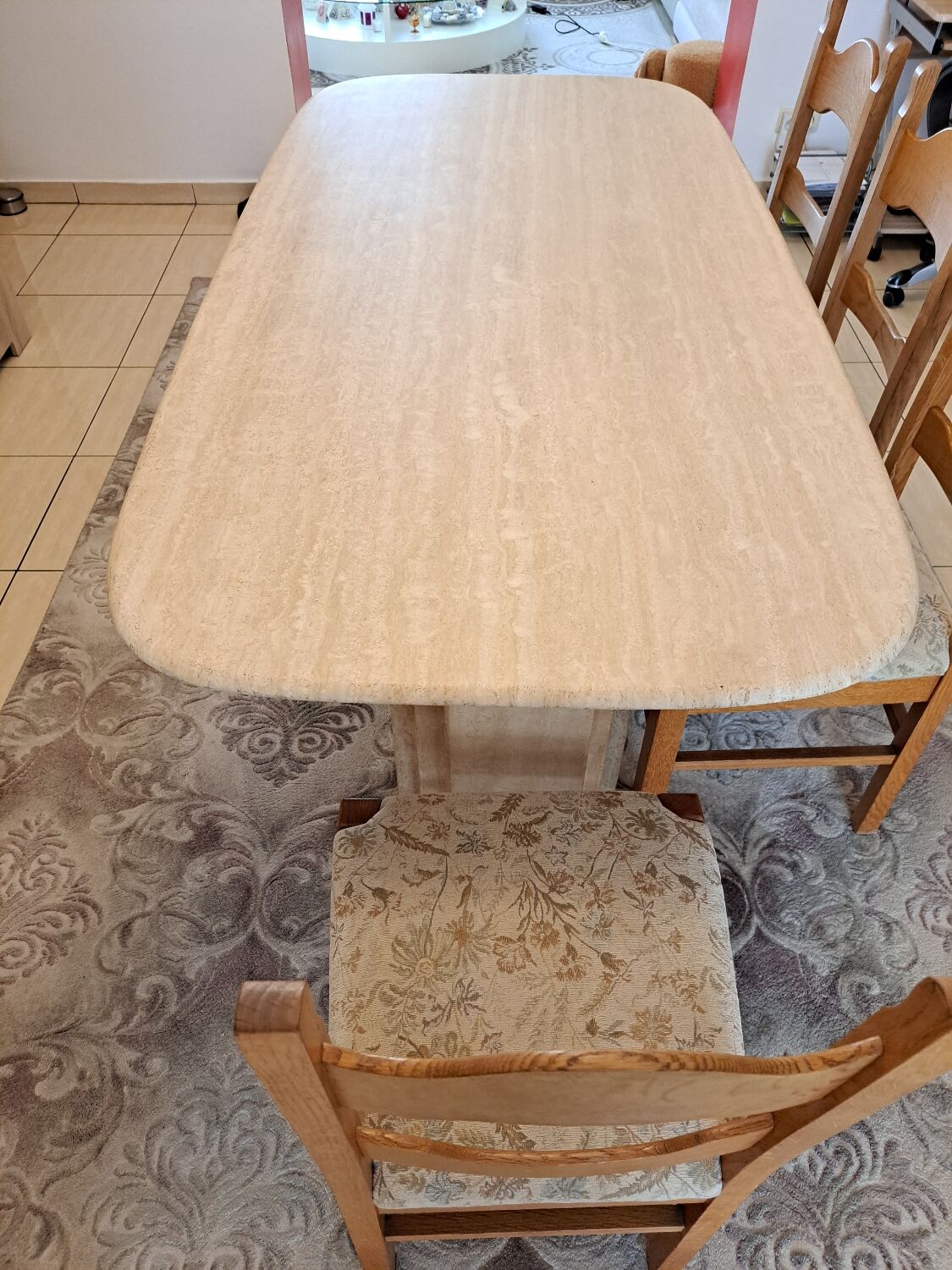 Travertine dining table.