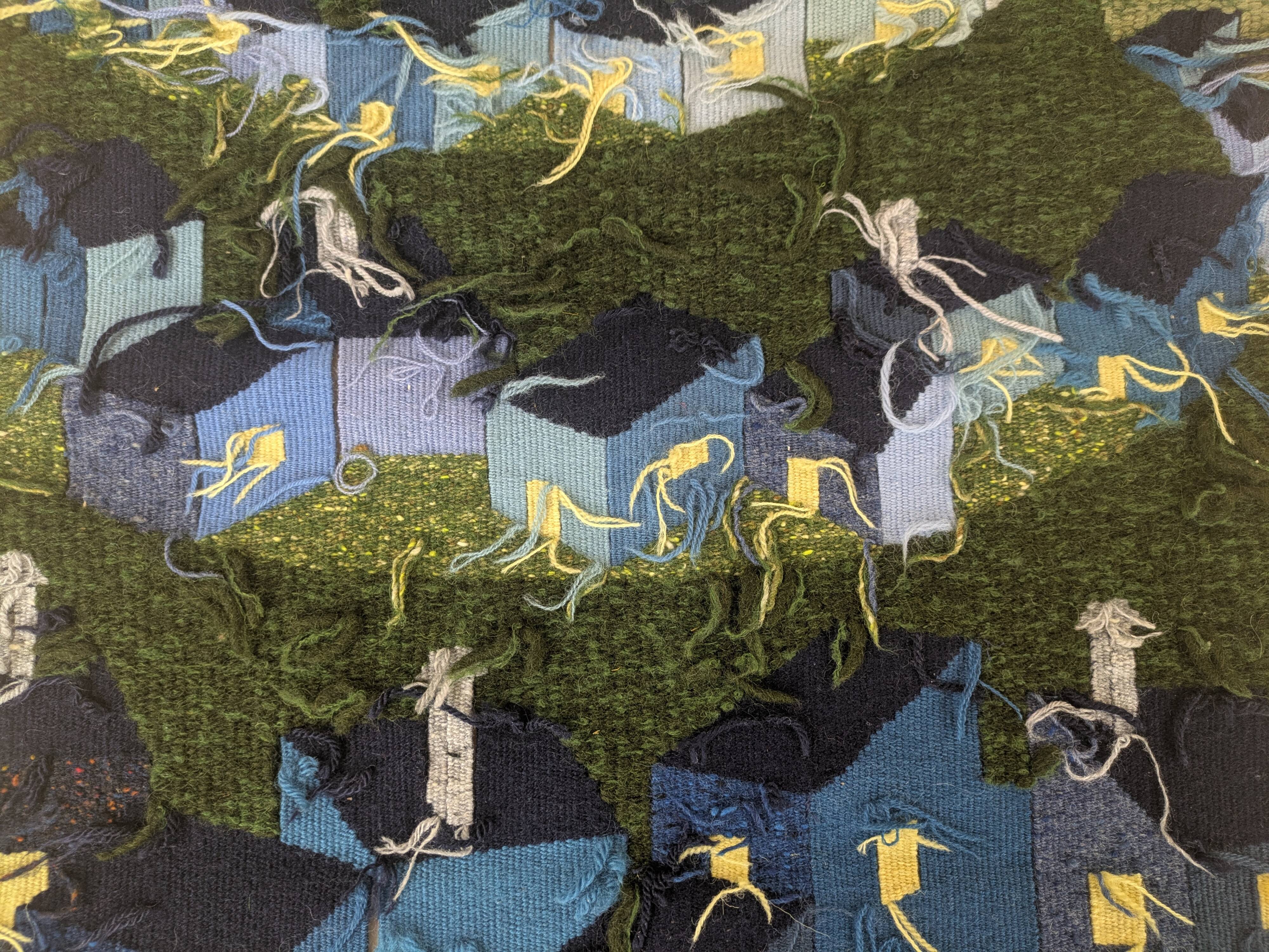 Vintage Handwoven Tapestry Village Scene Under the Full Moon
