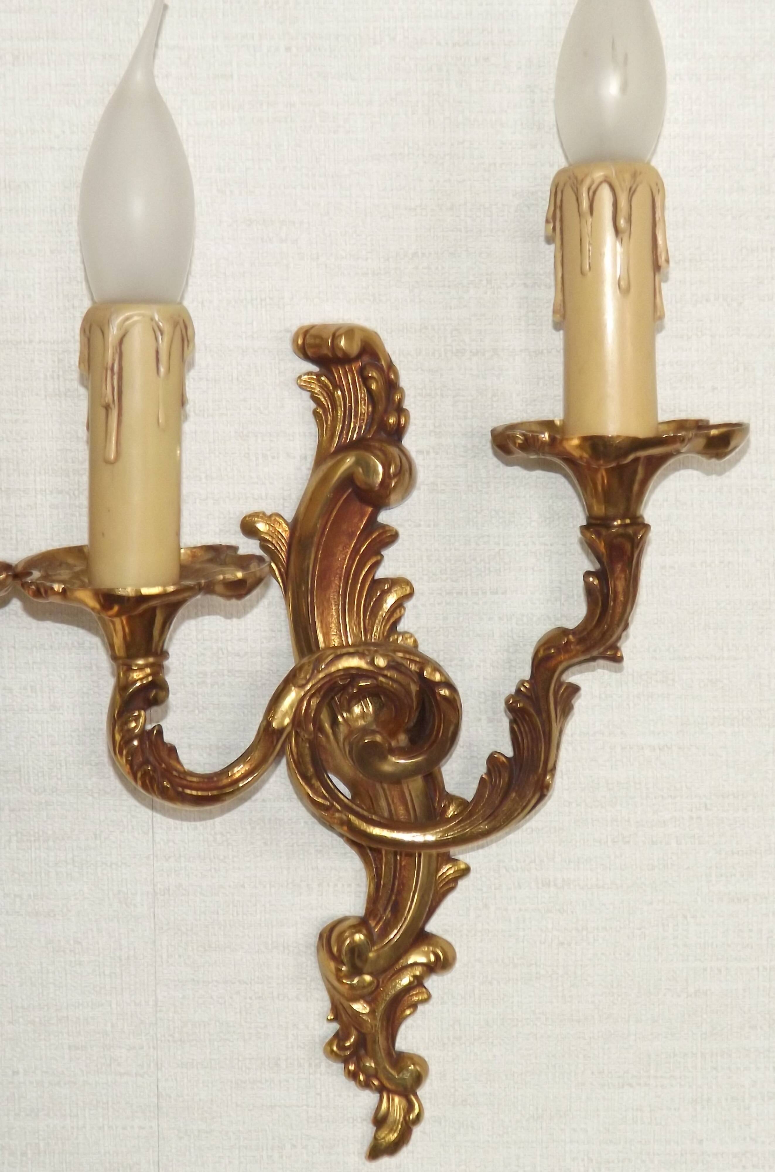 Stylish Vintage French Bronze Double Wall Sconces with Acanthus Leaf Detail