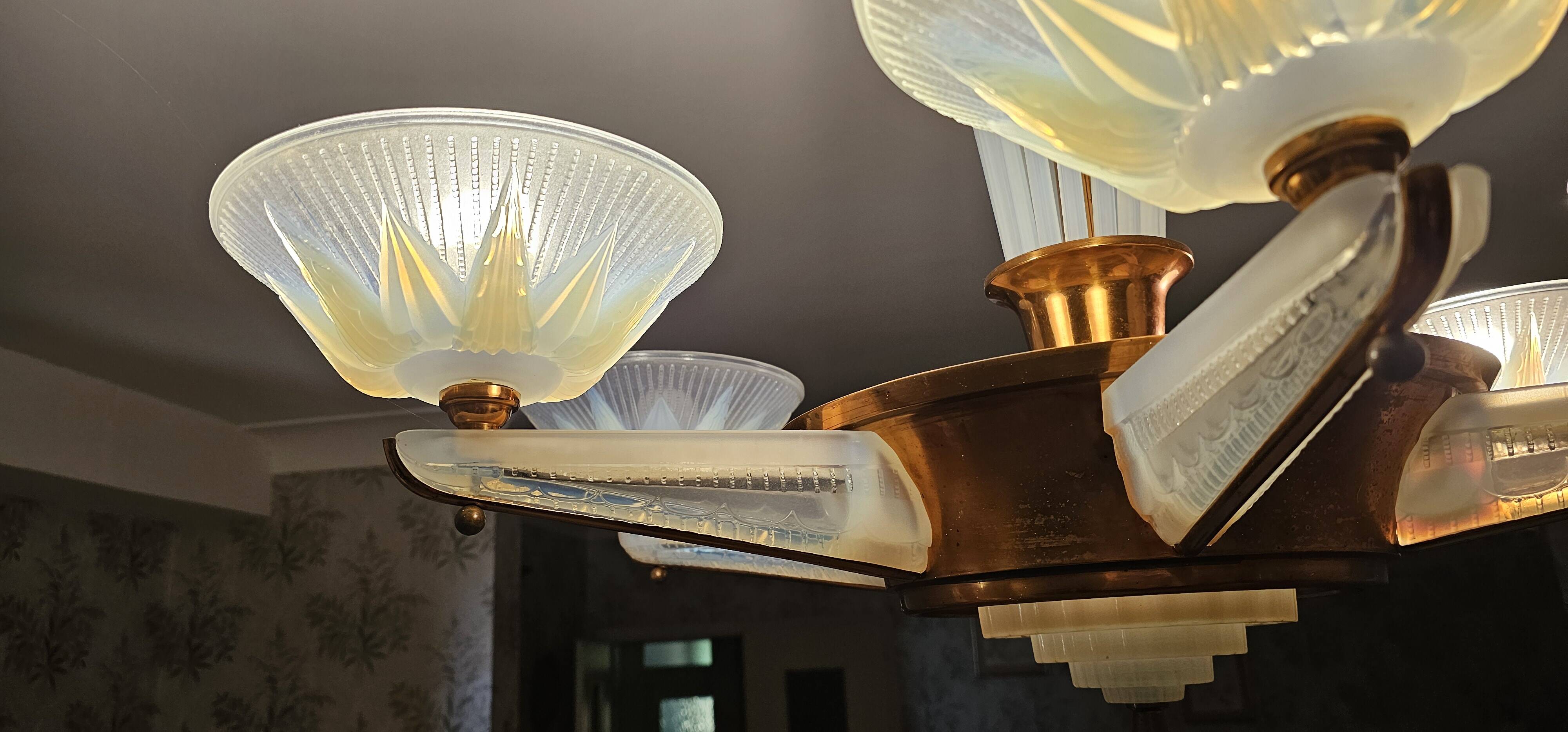Art Deco chandelier by H.Petitot and Jean Gauthier in copper-plated metal and opal glass