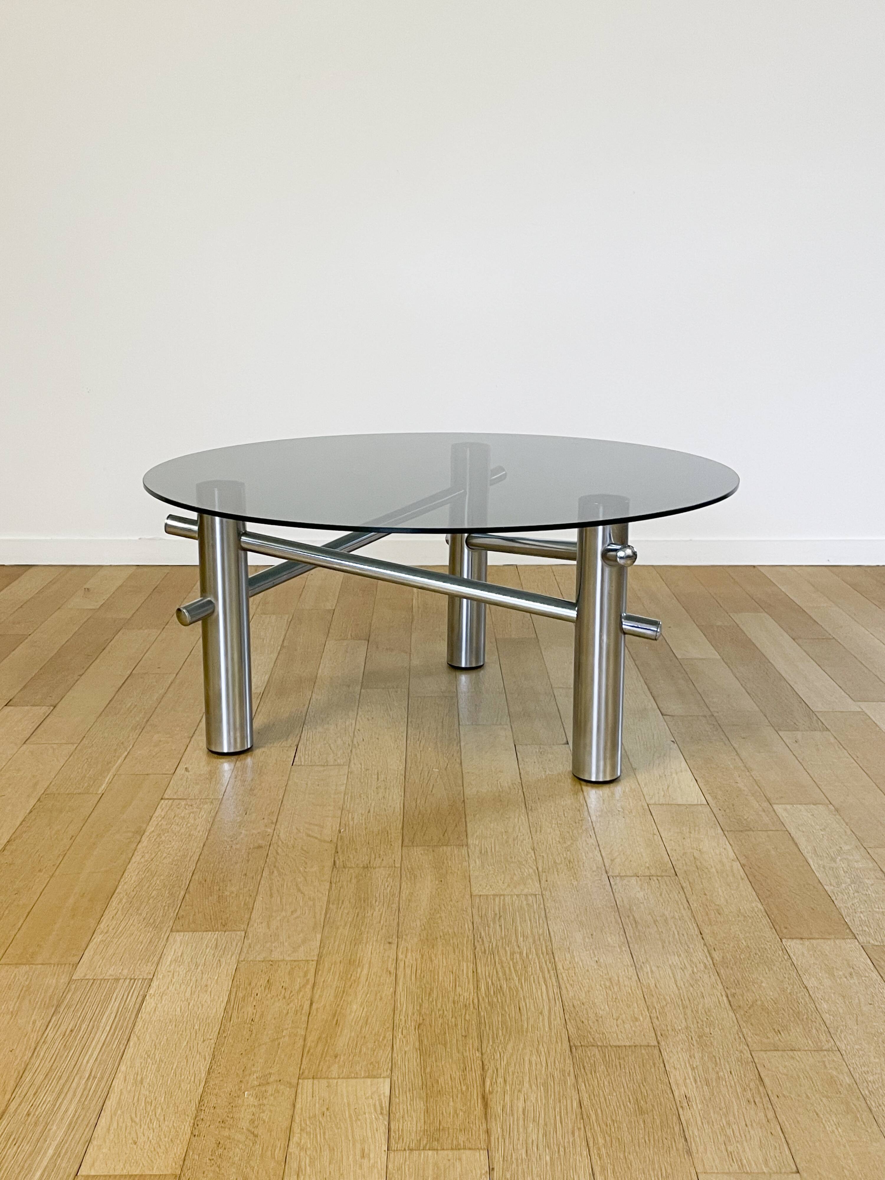 Round coffee table in chrome and smoked glass, 1970s