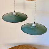 Duo of hanging lamp bistro sheet enamelled sheet metal