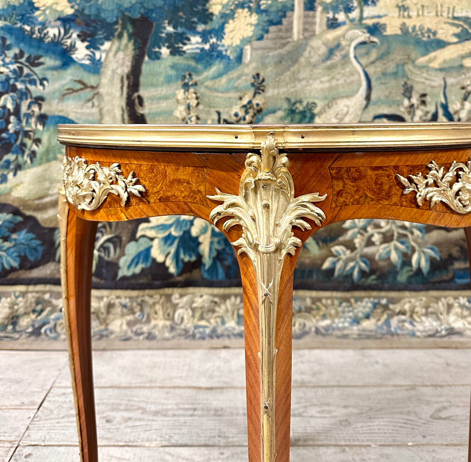 Pedestal table in marquetry and gilded bronzes, louis xv style, napoleon iii period