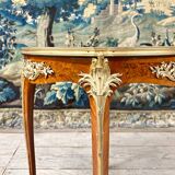 Pedestal table in marquetry and gilded bronzes, louis xv style, napoleon iii period