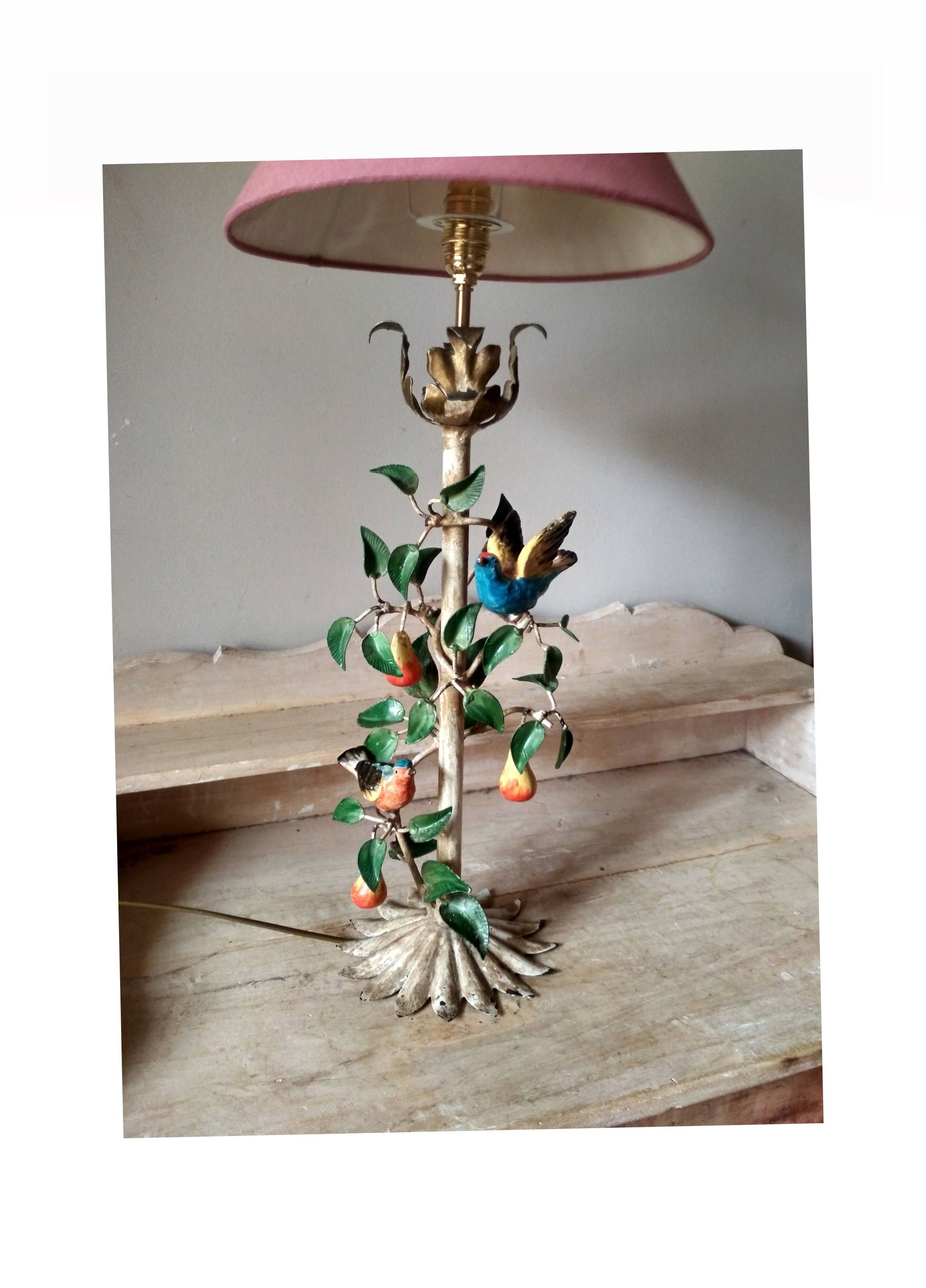 Painted metal candle holder lamp - wrought iron fruit and bird lamp base