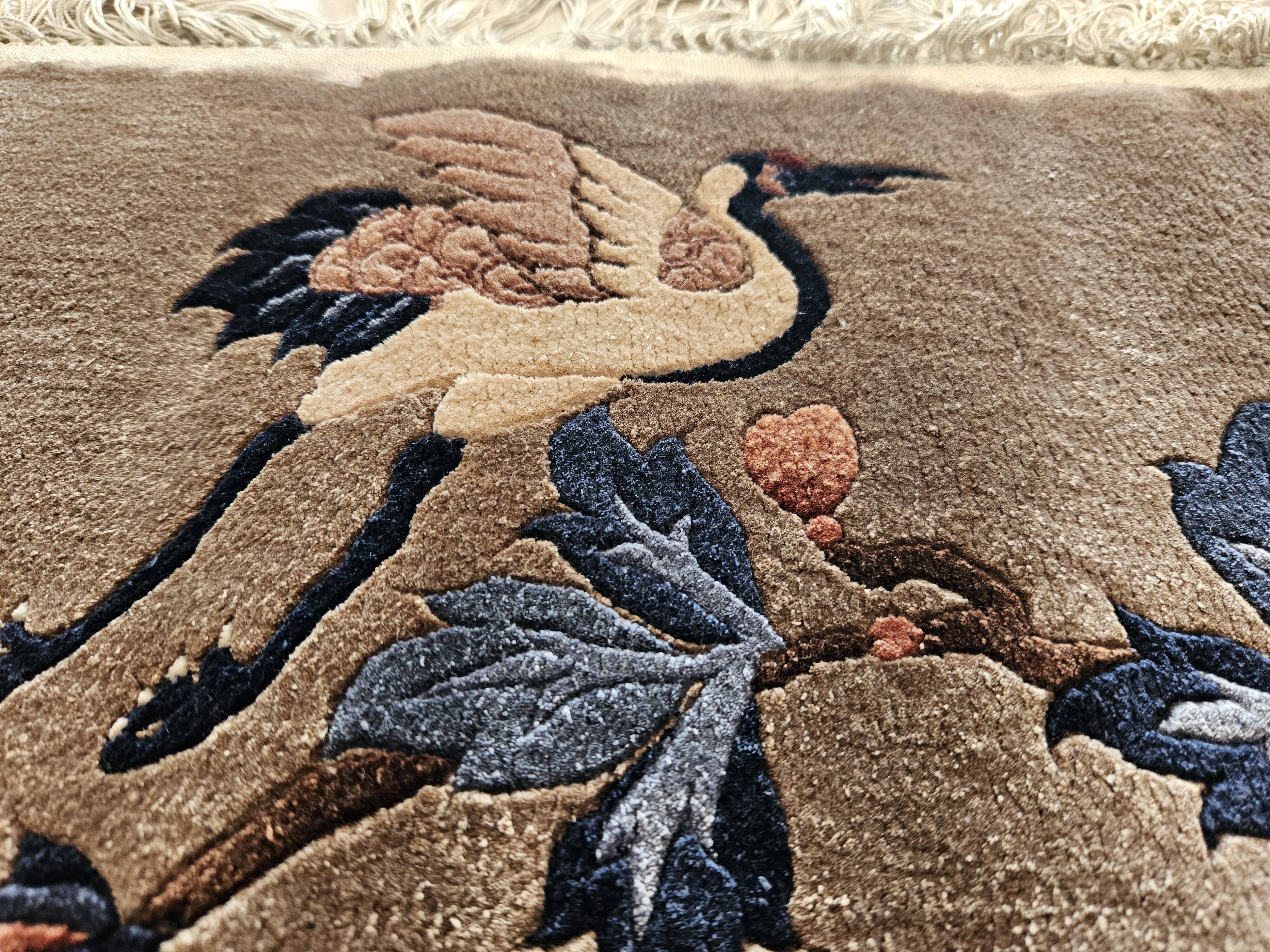 Tapis luxueux 100 % soie/Chine/Fait à la main/Motif de grue/années 1950