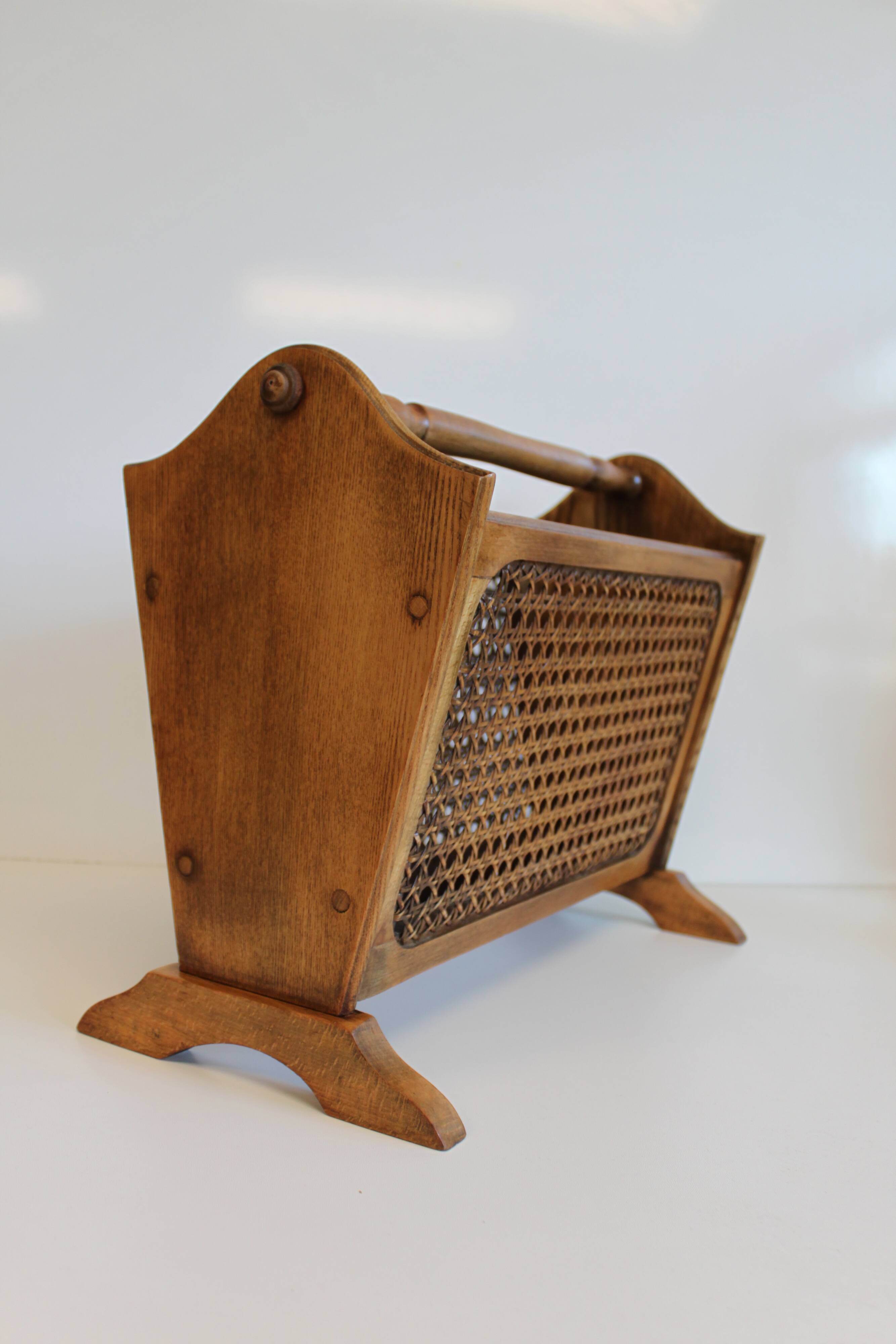 Vintage magazine rack in wood and caning, 50s