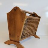 Vintage magazine rack in wood and caning, 50s