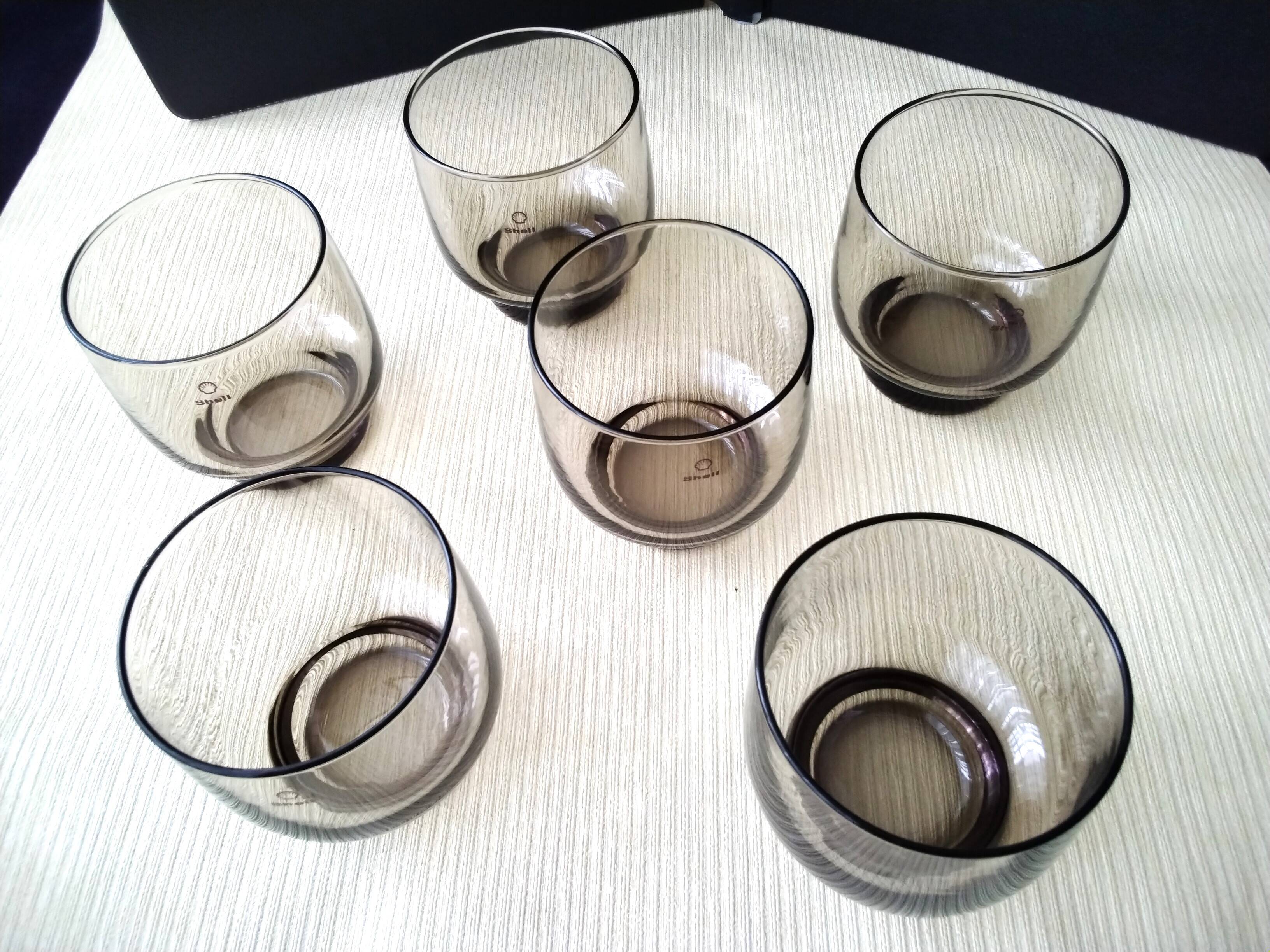 6 Vintage Shell Smoked Glass Glasses