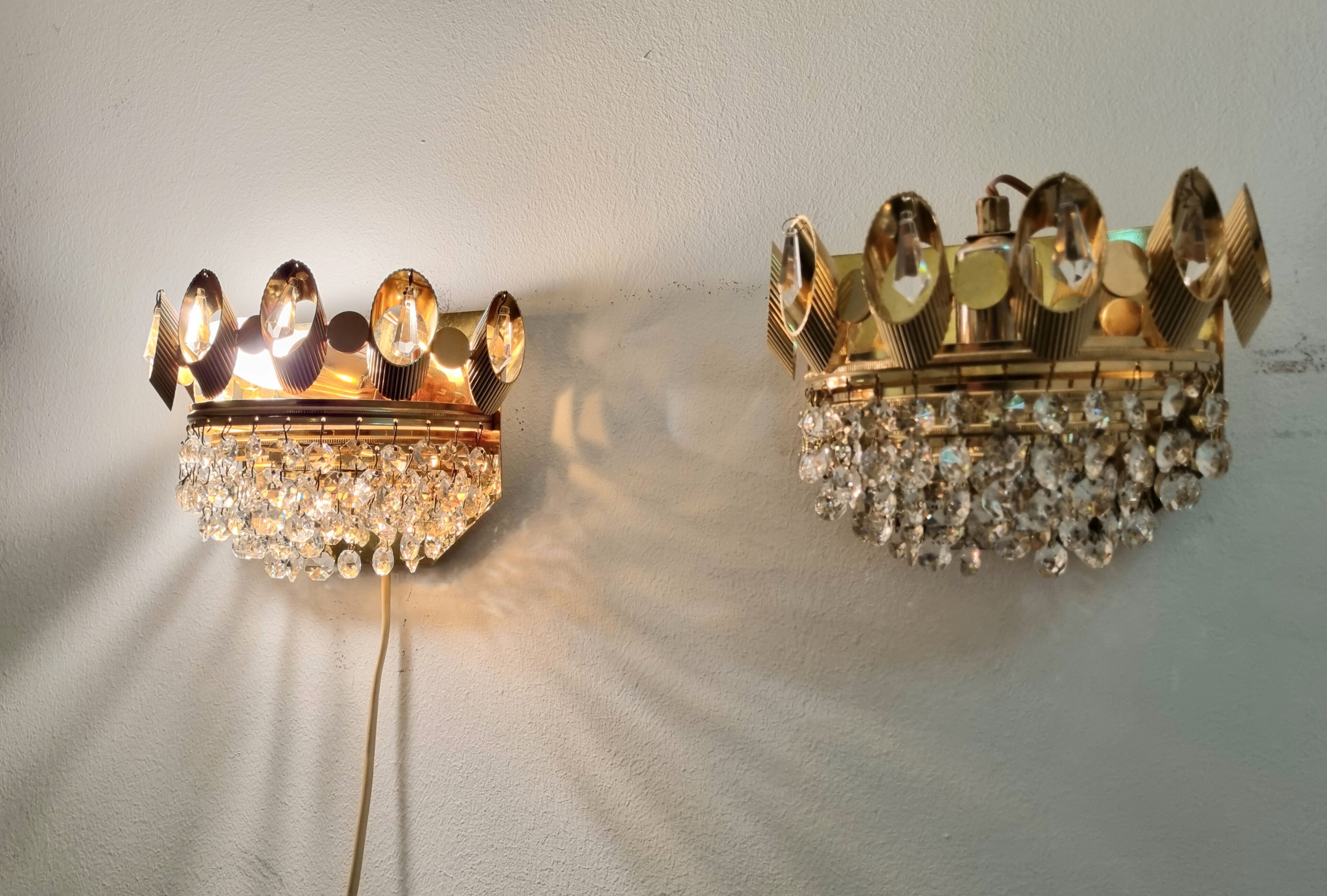 Set of 2 Palwa wall lights, crystal sconces, Hollywood Regency glam vintage decor lamps, 1960s