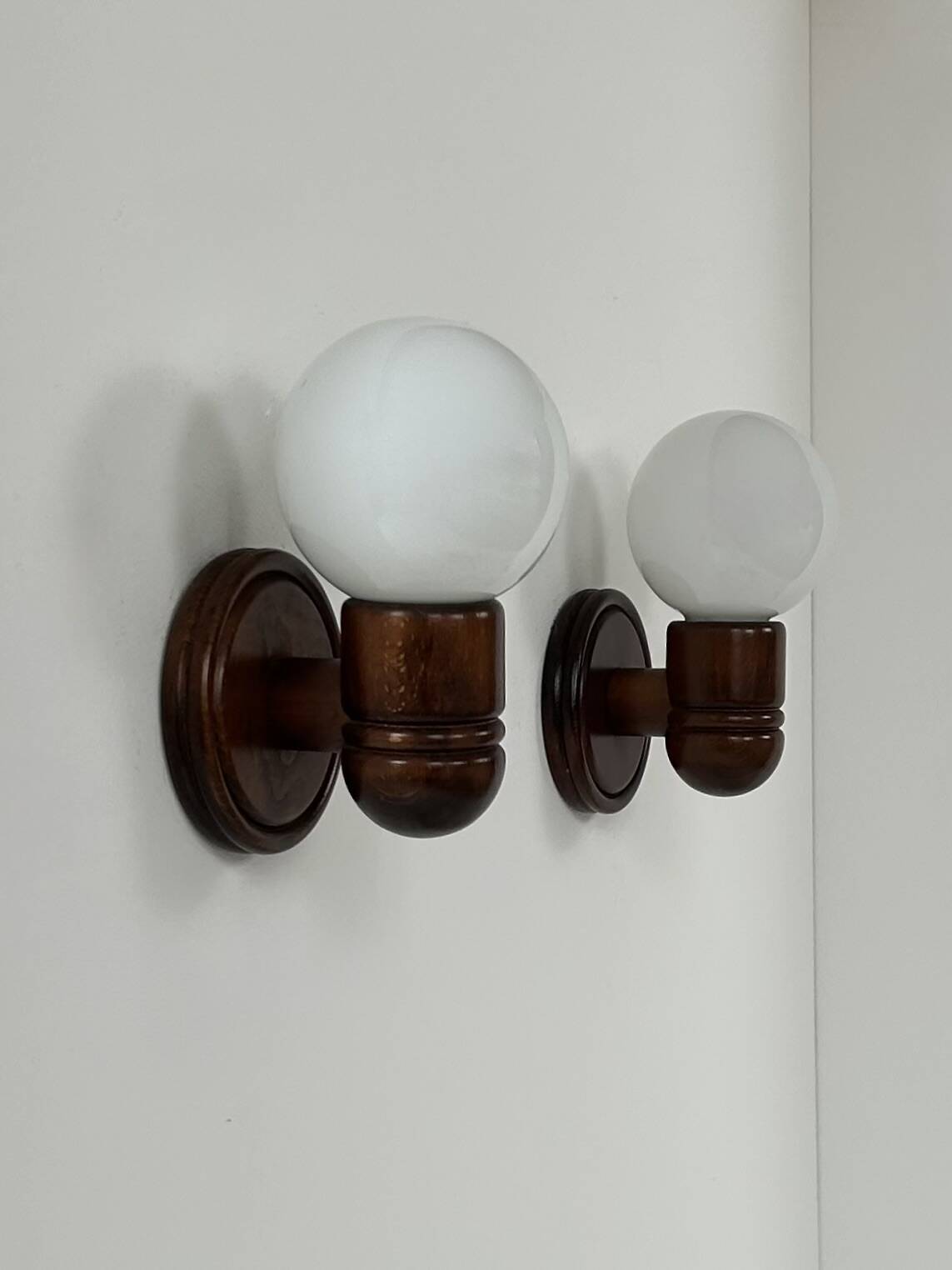 Vintage wall lights, pine and opaline, France, 1980.